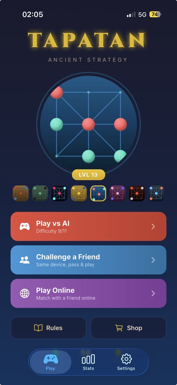 Tapatan Home Screen with game board preview, play modes, and atmosphere themes