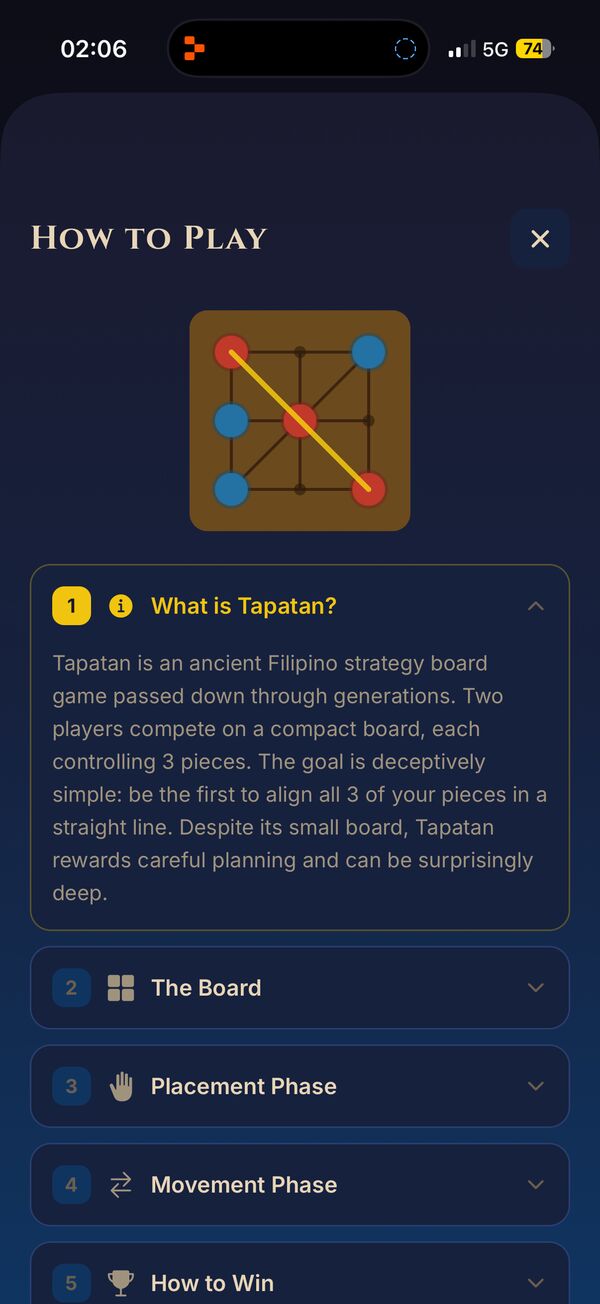 How to Play tutorial explaining Tapatan rules and game phases