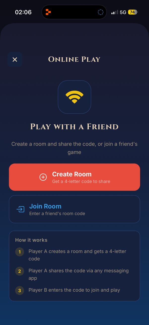Online Play lobby with Create Room and Join Room options