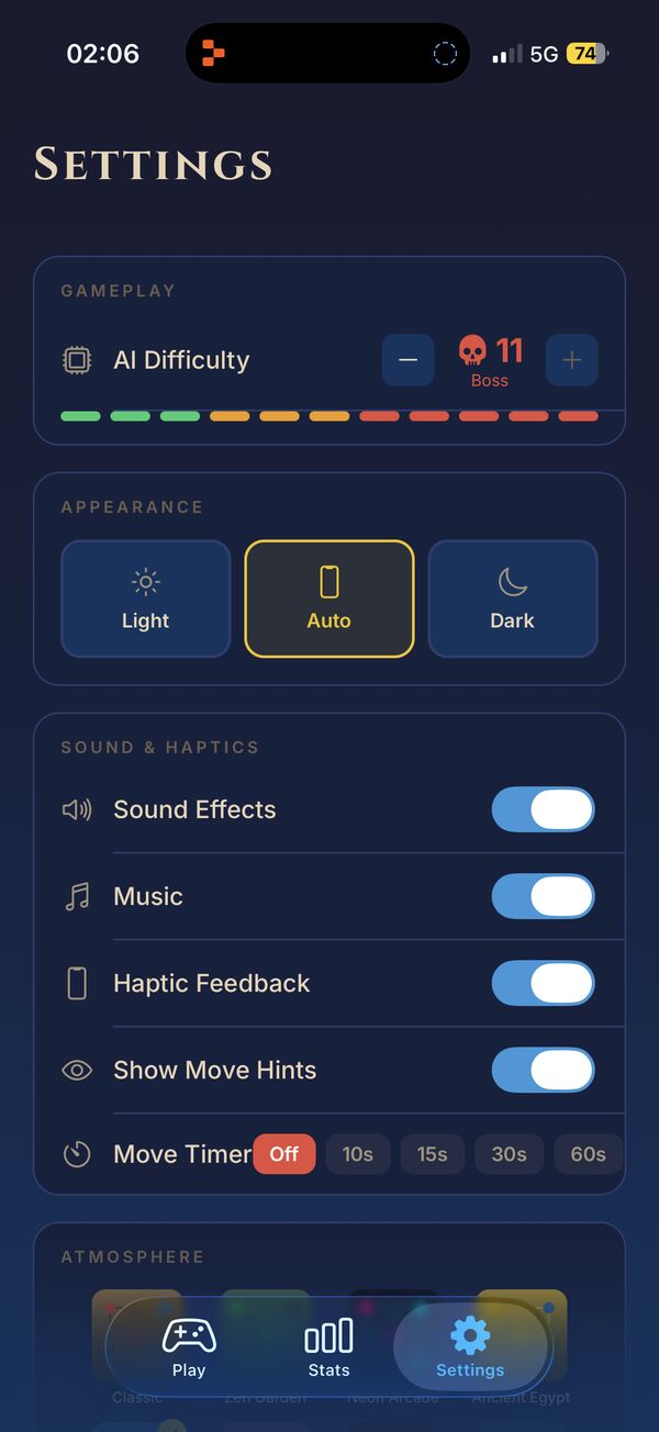 Settings screen with AI difficulty, appearance, sound, haptics, and move timer options