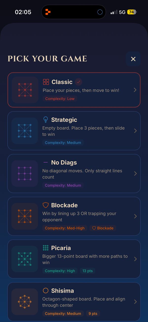 Pick Your Game screen showing 9 game variants including Classic, Strategic, Blockade, and Picaria